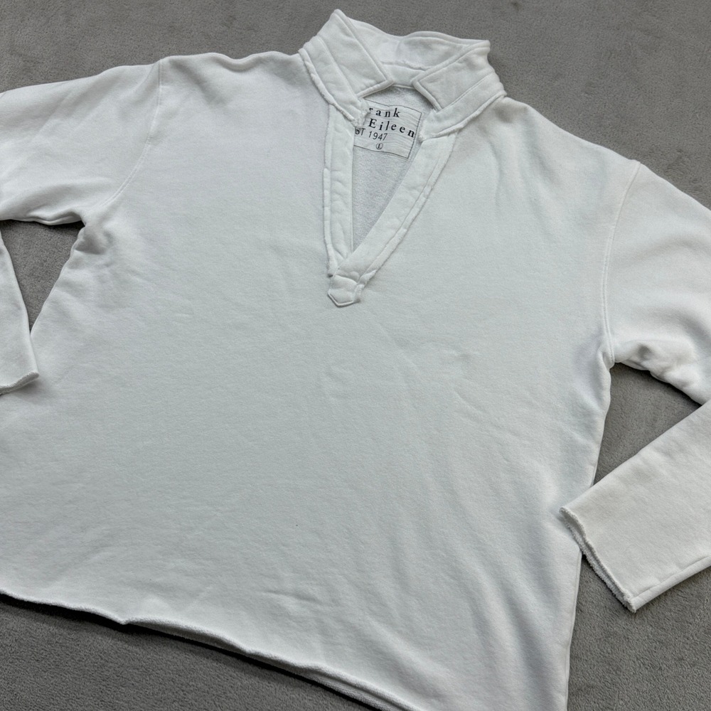 Frank & Eileen Patrick Popover Henley Sweatshirt Women's L White Raw Hem V-Neck